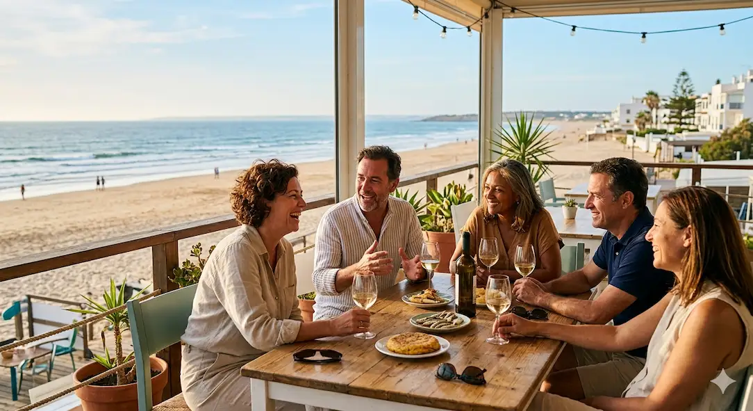 Grupo de personas adultas conversando y disfrutando de una comida en una terraza con vistas a la playa de La Barrosa en Chiclana de la Frontera.