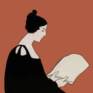 dibujo ilustrado de estilo clásico de una mujer leyendo un papel