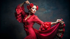 mujer con un traje de flamenca rojo de lunares blancos, luciendo grandes flores rojas en el cabello