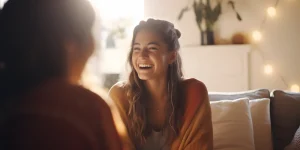 mujer riendo alegremente mientras charla con otra persona en un sofá