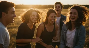 jóvenes riendo al aire libre durante el atardecer, transmitiendo pertenencia y alegría