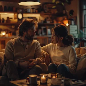 pareja conversando seriamente en un sofá con luz tenue