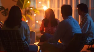 grupo de personas conversando en un ambiente tranquilo y cálido